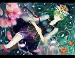  1girl closed_eyes flower green_hair hands_clasped hat letterboxed lying on_back partially_submerged petals ripples shikieiki_yamaxanadu short_hair skirt solo spider_lily touhou urabe_michiru water 