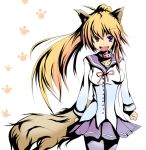  animal_ears breasts collar fox_ears fox_tail heterochromia kotaka long_hair looking_at_viewer open_mouth original paw_print ponytail school_uniform solo tail thigh-highs thighhighs wolf_ears wolf_tail 