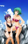  aquarion_evol bandeau bikini blue_eyes blush breasts cleavage cloud frilled_bikini frills front-tie_top green_hair grin hand_on_hip highres long_hair looking_at_viewer mikono_suzushiro nasty6452 navel purple_hair shiny shiny_skin short_hair side-tie_bikini sky smile swimsuit zessica_wong 