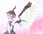  animal_ears closed_eyes eyes_closed gomi_(gomitin) hands_on_own_chest hat large_wings long_sleeves mystia_lorelei open_mouth pink_background pink_hair profile short_hair solo touhou wide_sleeves winged_hat wings 