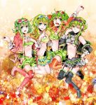  boots breasts goggles goggles_on_head green_eyes green_hair gumi headphones highres jacket looking_at_viewer megpoid_(vocaloid3) midriff multiple_girls multiple_persona navel nou open_mouth short_hair shorts skirt smile thigh-highs thigh_boots thighhighs under_boob underboob vocaloid wink 