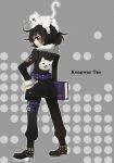  alternate_costume animal_on_head bad_id black_eyes black_hair book cat cat_on_head character_name coat conway_tau grey_background hand_on_hip hips kusakari looking_back male pants shoes smile solo tales_of_(series) tales_of_innocence tales_of_innocence_r 