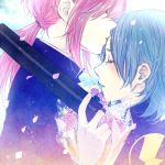  androgynous aqua_hair bouquet closed_eyes eyes_closed flower graduation holding inazuma_eleven inazuma_eleven_(series) inazuma_eleven_go kariya_masaki keito_(mask) kirino_ranmaru kiss long_hair male multiple_boys petals pink_hair ponytail tears yaoi 