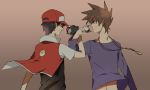  baseball_cap black_hair brown_hair fingerless_gloves gloves hat hiyokko_ep holding holding_poke_ball jacket jewelry multiple_boys navel necklace ookido_green ookido_green_(classic) poke_ball pokemon pokemon_(game) pokemon_rgby red_(pokemon) red_(pokemon)_(classic) rivals 