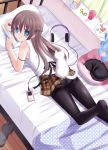  ass bed blue_eyes book brown_hair cat clock cup digital_media_player from_above headphones ikeda_yuuki long_hair looking_at_viewer looking_up lying no_shoes on_bed on_stomach open_book original panties panties_under_pantyhose pantyhose perspective pillow plaid plaid_skirt plate polka_dot skirt underwear white_panties 