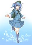  1girl backpack bag blue_eyes blue_hair hair_bobbles hair_ornament hat highres kawashiro_nitori long_sleeves looking_at_viewer maru-pen open_mouth outstretched_arms pocket rubber_boots shirt skirt solo splashing standing_on_one_leg touhou twintails 