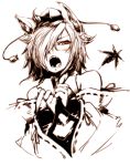  1girl animal_ears bare_shoulders bridal_gauntlets detached_sleeves face fangs hair_over_one_eye harusame_(unmei_no_ikasumi) hat inubashiri_momiji monochrome open_mouth red_eyes short_hair solo spot_color tokin_hat touhou wolf_ears 