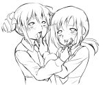  ahegao blush brushing_teeth drill_hair gebyy-terar greyscale hair_ornament hair_ribbon hairclip hino_akane hoshizora_miyuki lineart monochrome multiple_girls necktie parody ponytail precure ribbon smile_precure! tears toothbrush toothpaste twin_drills white_background 