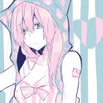  bad_id blue_eyes breasts cleavage heart hoodie long_hair lowres megurine_luka non_(hey_you!) ousaka_nozomi pink_hair ribbon solo striped striped_background vocaloid 