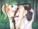  armband bag blonde_hair blue_eyes breasts choker chrono_trigger cleavage crawling forest looking_back luggage marle nature open_mouth ponytail reason robe satchel solo strap tree 