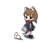  bag blush brown_hair cat cat_ears cat_tail chibi hair_bobbles hair_ornament nekoyama original short_twintails simple_background solo tail twintails walking 