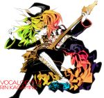  boots detached_sleeves dress gradient_hair guitar hair_ornament hair_ribbon hairclip instrument kagamine_rin kagamine_rin_(roshin_yuukai/hard_rkmix) macco meltdown_(vocaloid) multicolored_hair ribbon roshin_yuukai_(vocaloid) solo thigh-highs thighhighs twintails vocaloid 