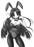  asakura_ryouko blush bowtie breasts bunny_ears bunnysuit cleavage large_breasts long_hair monochrome noritama_(gozen) pantyhose rabbit_ears smile suzumiya_haruhi_no_yuuutsu wrist_cuffs 