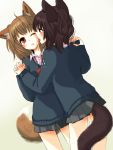  animal_ears black_hair blush brown_eyes brown_hair dog_ears dog_tail fuwayu hand_holding highres holding_hands licking miniskirt multiple_girls pleated_skirt red_eyes school_uniform short_hair skirt sweater tail tongue wink yuri 