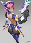  1girl ariverkao backless_outfit blue_eyes bodysuit foreshortening gloves gradient gradient_background gun headgear original pink_hair short_hair solo weapon 