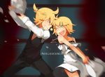  adolescence_(vocaloid) blue_eyes cendrillon_(vocaloid) feathers formal glider_(artist) guraida hair_ornament hairclip kagamine_len kagamine_rin necktie pillow pillow_fight short_dress short_hair siblings smile suit twins vocaloid wince wink 
