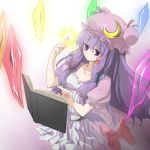  adapted_costume bad_id book breasts collarbone crescent crystal floating_object hat long_hair magic open_book patchouli_knowledge pointing purple_eyes purple_hair shomon solo touhou violet_eyes 