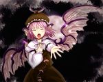  apattiudon blush_stickers bow closed_eyes dark earrings fingernails full_moon hair_bow hat jewelry long_fingernails long_sleeves moon mystia_lorelei nail_polish outstretched_arm outstretched_hand pink_hair short_hair singing touhou wings 