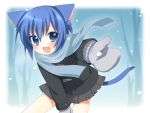  blue_eyes blue_hair cat_ears coat fang mani mittens onka open_mouth original outstretched_arm outstretched_hand reaching scarf skirt smile snow 