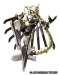  android armor blade blazblue blonde_hair bodysuit braid fighting_stance frown glowing glowing_eye hair_ornament hair_weapon katou_yuuki lambda-11 leg_up long_hair maebari mask mecha_musume navel official_art red_eyes robot_ears single_braid single_eye solo standing_on_one_leg thighhighs transparent_background very_long_hair visor weapon wings 