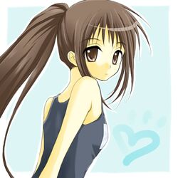  brown_hair genderswap kyonko long_hair looking_back one-piece_swimsuit ponytail school_swimsuit suzumiya_haruhi_no_yuuutsu swimsuit yuzu_tanuki 