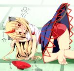  animal_ears bad_id barefoot blonde_hair blush cat_ears cat_tail drunk feet horn hoshiguma_yuugi kemonomimi_mode kuro_minamo long_hair looking_at_viewer nyan panties paw_pose red_eyes red_panties sakazuki sake skirt skirt_lift tail tatami touhou underwear young 