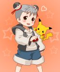  child green_eyes grey_hair hoodie namine0079 pikachu poke_ball pokemon short_hair shorts twin_buns 