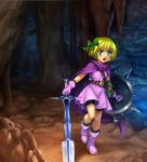  angry armor bag belt bianca&#039;s_daughter bianca's_daughter blonde_hair blue_eyes blush boots bow cape cave dragon_quest dragon_quest_v dress hair_bow highres moonknives mutsuki_(moonknives) open_mouth shield short_hair sword weapon 