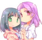  black_hair blush breasts casual chibi green_eyes hand_holding holding_hands kajiki_yumi kapiko multiple_girls open_mouth purple_hair red_eyes saki short_hair smile touyoko_momoko 