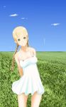  braid code49 dress field grass green_eyes highres nanahime_(aoi) original outdoors short_dress sky smile solo sundress twin_braids ufo 
