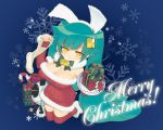  animal_ears bell breasts bunny_ears candy_cane christmas cleavage gift green_hair large_breasts long_hair rabbit_ears snowflakes solo thigh-highs thighhighs twintails yellow_eyes 