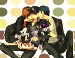  cake cheek_kiss closed_eyes double_cheek_kiss female_protagonist_(persona_3) food fork hat headphones iori_junpei kiss nikokorozashi_juuji nishi_juuji pastry persona persona_3 persona_3_portable school_uniform smile tears wink 