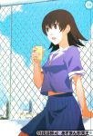  azumanga_daioh brown_eyes brown_hair chainlink_fence fence highres open_mouth school_uniform serafuku skirt sogabe_shuuji solo takino_tomo 