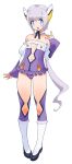  blue_eyes cleavage_cutout detached_sleeves flat_chest frills highres leotard long_hair navel official_art otomedius poini_coon ponytail purple purple_hair robot_ears solo strapless yoshizaki_mine 