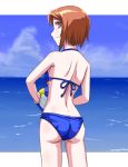  back bare_back bikini brown_hair kurai_(cry) looking_back red_eyes rozen_maiden short_hair souseiseki swimsuit volleyball 