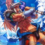  bulge helmet kirin_(armor) male manly monster_hunter muscle ookami_(pixiv27280) sky weapon 