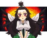  :o black_hair black_wings blush breast_squeeze breasts cape forehead high_ponytail ke-su long_hair open_mouth red_eyes reiuji_utsuho topknot touhou v_arms wings 