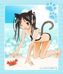  animal_ears bad_id barefoot beach bikini black_eyes black_hair cat_ears crab crustacean francesca_lucchini long_hair riri06 strike_witches swimsuit tail twintails wink 