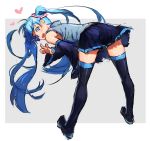  blue_eyes blue_hair from_behind hatsune_miku heart leaning_forward legs long_hair looking_back mizore_syrup skirt thigh-highs thighhighs twintails v very_long_hair vocaloid zettai_ryouiki 