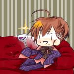  bow chibi couch drink female_protagonist_(persona_3) formal hair_ornament hairclip ichimatsu_shiro persona persona_3 persona_3_portable sleeves_past_wrists smile solo 