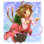  brown_hair cat_ears cat_tail chen hat multiple_tails niji_sugi pantyhose red_eyes short_hair solo tail touhou 