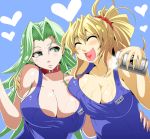  beer blonde_hair blush breast_press breasts closed_eyes collar drunk excellen_browning final_fight green_eyes green_hair heart heart_in_mouth hug huge_breasts kara_age lamia_loveless long_hair maki_(final_fight) multiple_girls one-piece_swimsuit open_mouth ponytail school_swimsuit spill super_robot_wars swimsuit very_long_hair 