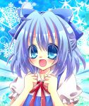  :d artist_request bad_id blue_eyes blue_hair bow cirno clenched_hands hair_bow momomiya_mion open_mouth short_hair smile solo touhou wings 