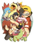  1girl 2boys bike_shorts crystal_(pokemon) cue_stick feraligatr gold_(pokemon) hat lowres meganium multiple_boys nekoichi pokemon pokemon_(creature) pokemon_special silver_(pokemon) silver_eyes typhlosion yellow_eyes 