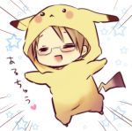 =_= america_(hetalia) axis_powers_hetalia blonde_hair brown_hair chibi closed_eyes cosplay costume crossover glasses happy hinazaki lowres male open_mouth pikachu pikachu_(cosplay) pokemon solo translated translation_request 