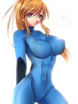  arms_behind_back blue_eyes breasts erect_nipples falcon-samus_(artist) large_breasts metroid metroid_(creature) nintendo ran_komomo samus_aran simple_background skin_tight smile spread_legs wide_hips zero_suit 