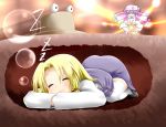  angry battle blonde_hair bow bubble closed_eyes crescent crescent_moon hair_bow miki_plus miki_purasu moriya_suwako patchouli_knowledge purple_hair skirt sleeping thigh-highs thighhighs top-down_bottom-up touhou touhou_hisoutensoku 