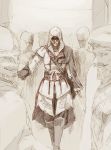  assassin&#039;s_creed assassin&#039;s_creed_ii assassin's_creed_ii beige brown cape ezio_auditore_da_firenze gloves hood monochrome shihou shihou_(g-o-s) sketch 