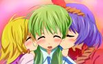  blonde_hair blush cheek_kiss green_hair ibaba kiss kochiya_sanae long_hair moriya_suwako multiple_girls purple_hair short_hair touhou yasaka_kanako 