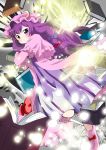  book bow capelet floating_object glowing hair_bow hat long_hair magic massala patchouli_knowledge purple_eyes purple_hair robe solo striped touhou violet_eyes 